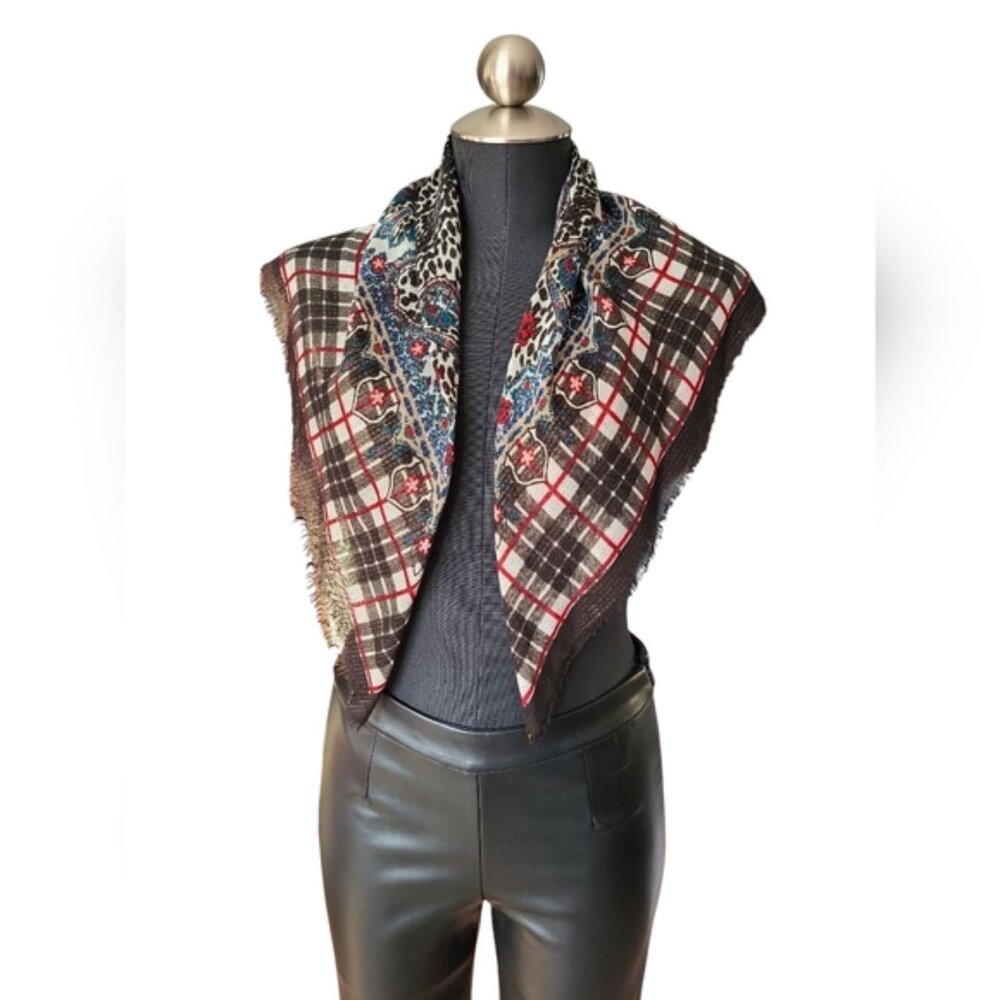Plaid Floral Animal Print Fringe Scarf